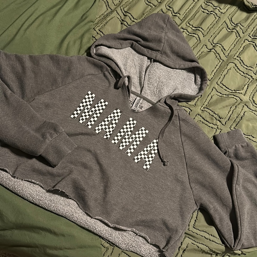 Cropped Grey & Checkered Mama Hoodie
